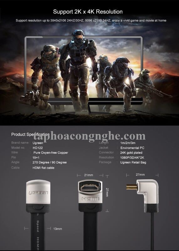 Ugreen 10284 3M màu Đen Cáp tín hiệu HDMI chuẩn 1.4 đầu góc 90 độ HD122 30010284